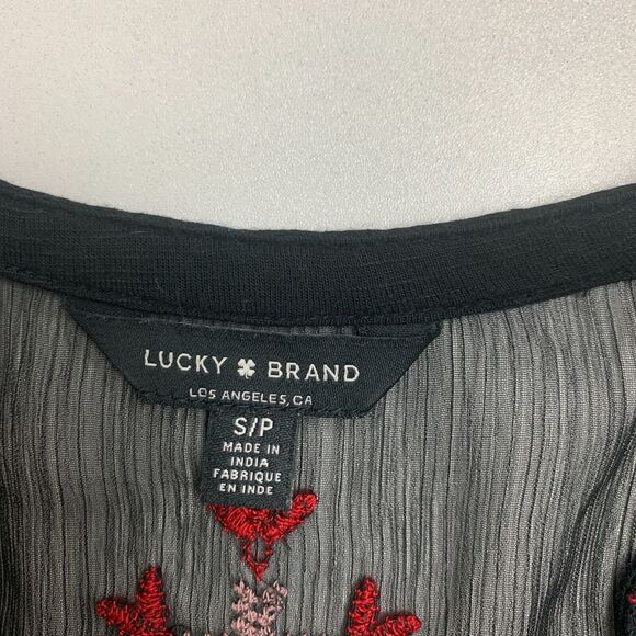 Lucky Brand Boho Blouse Womens S Small Black Embroidered Short Sleeve Semi Sheer - Picture 10 of 15